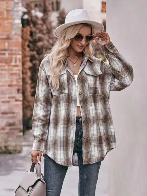 Oversized Loose Plaid Shirt Coffee
