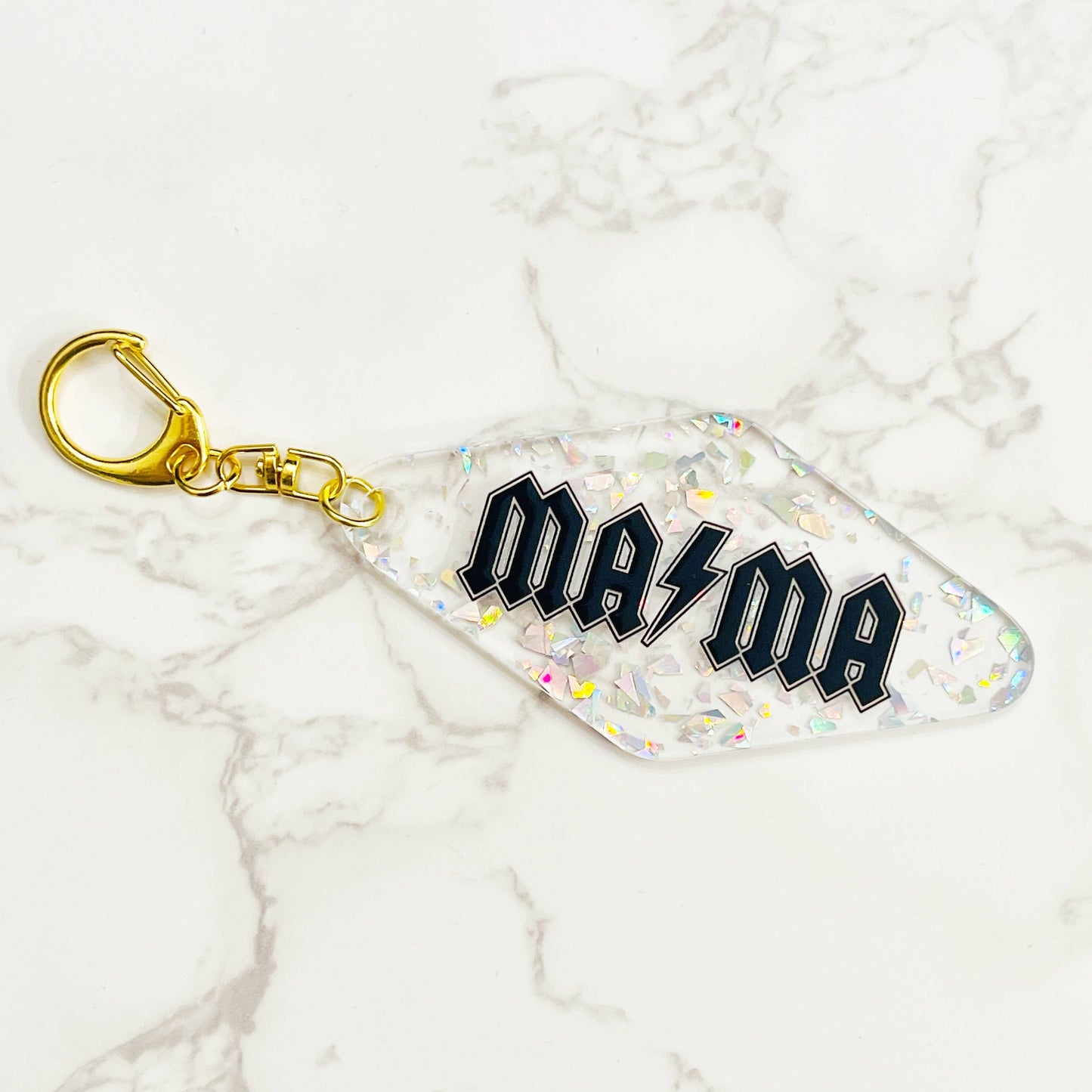 Acrylic Keychain, Mama on Clear with Silver Glitter