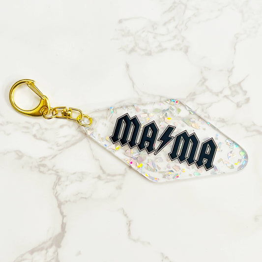 Acrylic Keychain, Mama on Clear with Silver Glitter